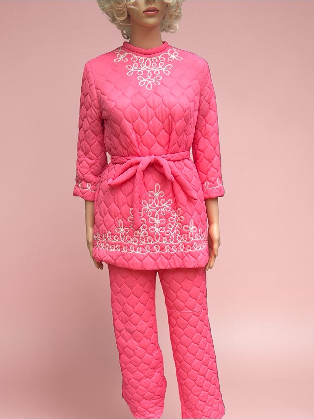 Vintage 60s 70s Quilted Hostess Set Loungewear Tunic Pants Hot Pink Basila